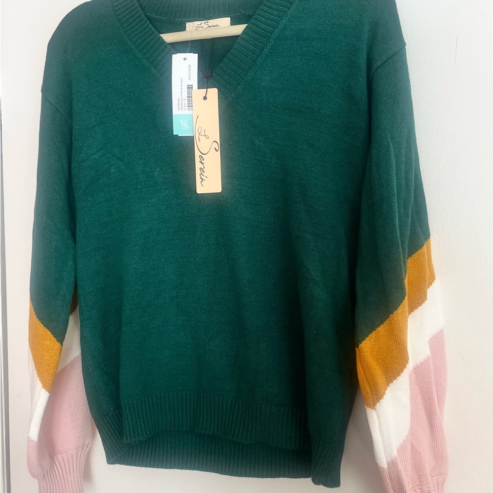 Colorful Green V-Neck Women's Sweater